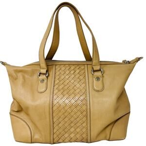 Cole Haan Smooth Leather Basket Weave Shoulder Bag Satchel Tan Gold